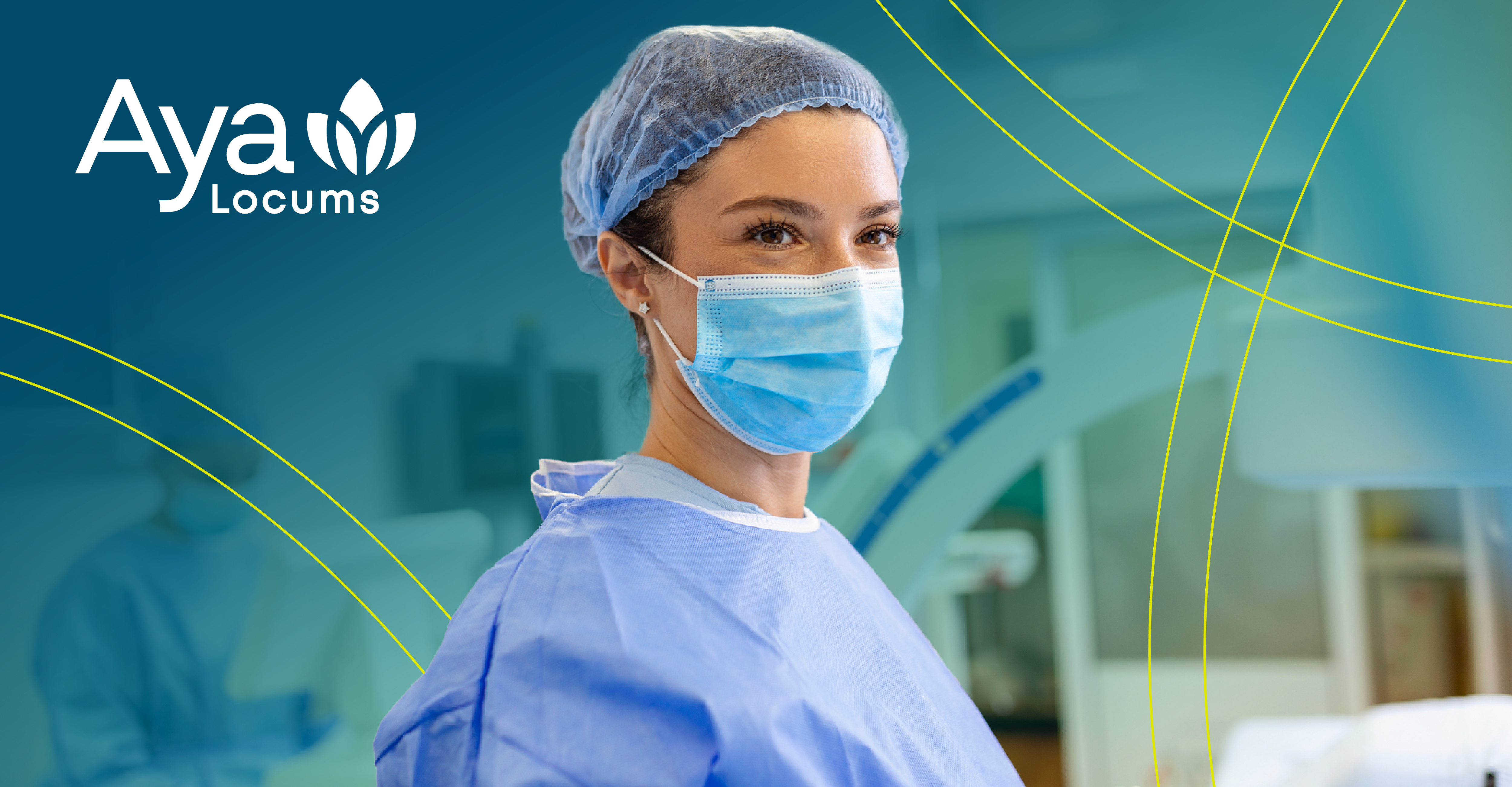 A CRNA wearing surgical scrubs, a hairnet, and a mask, standing in a medical setting with the Aya Locums logo in the corner