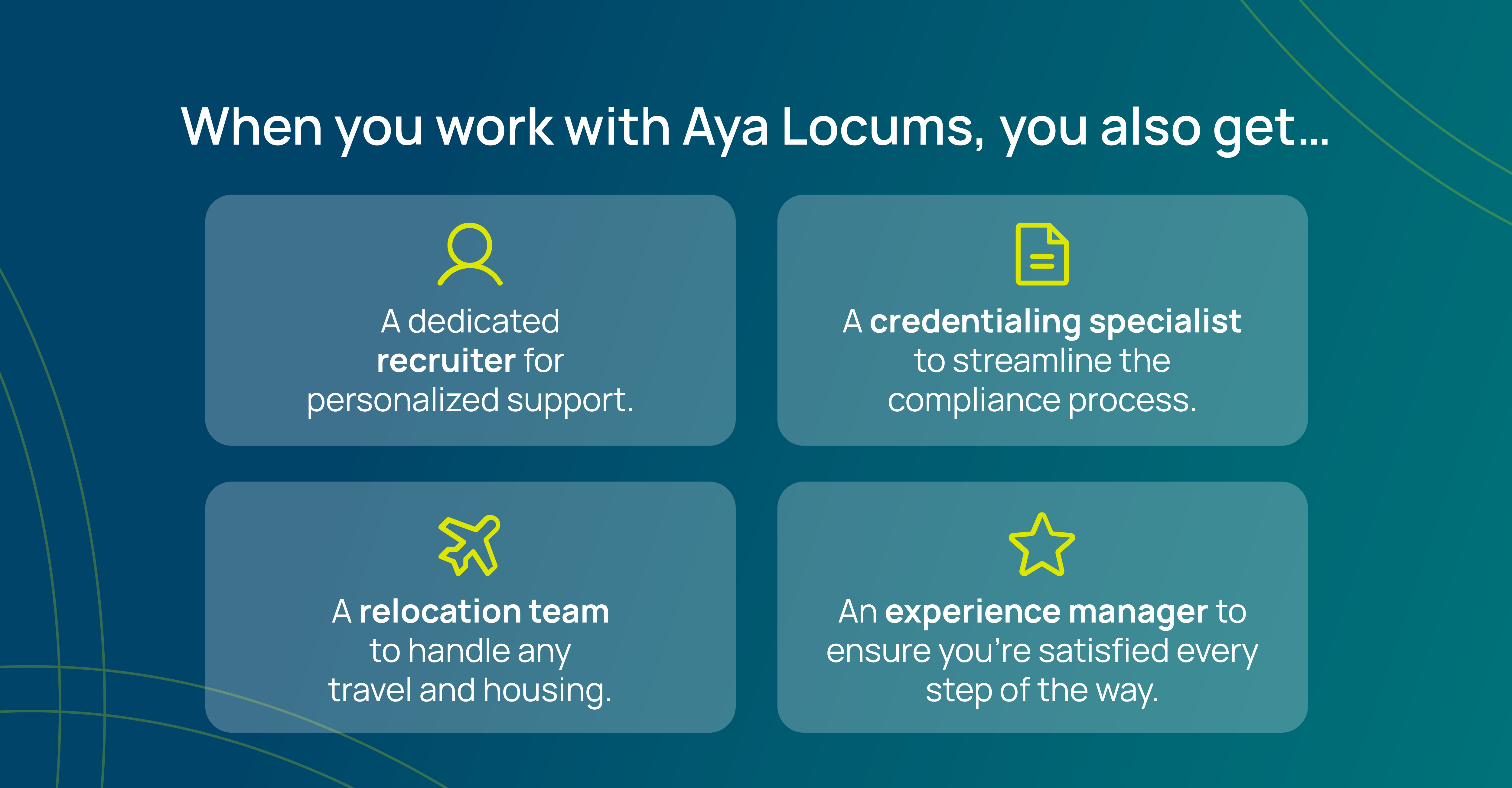 Infographic detailing Aya Locums benefits, including a dedicated recruiter, credentialing specialist, relocation team, and experience manager for personalized support and streamlined processes